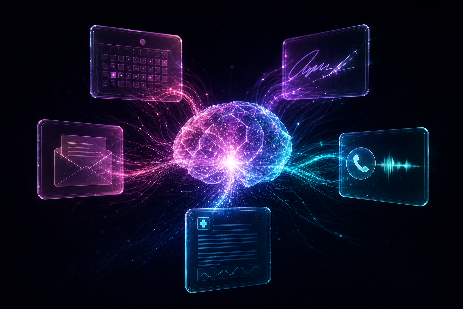 Datenströme aus Kalender, Signaturen, Post und Telefonie fließen in einen gemeinsamen Praxis-Kern (CORE)