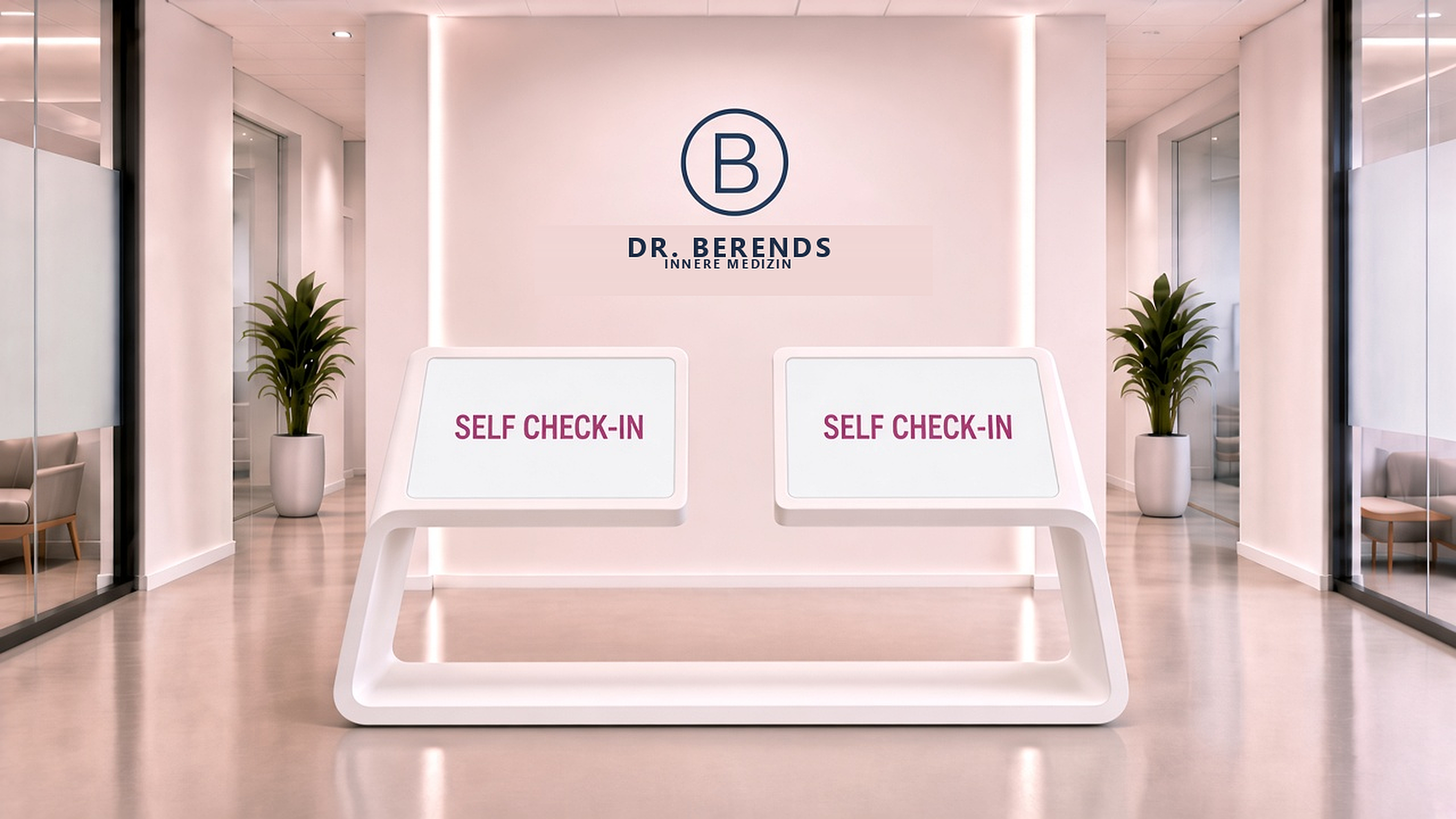 Weiße Self-Check-in-Theke vor der Logo-Wand der Praxis Dr. Berends